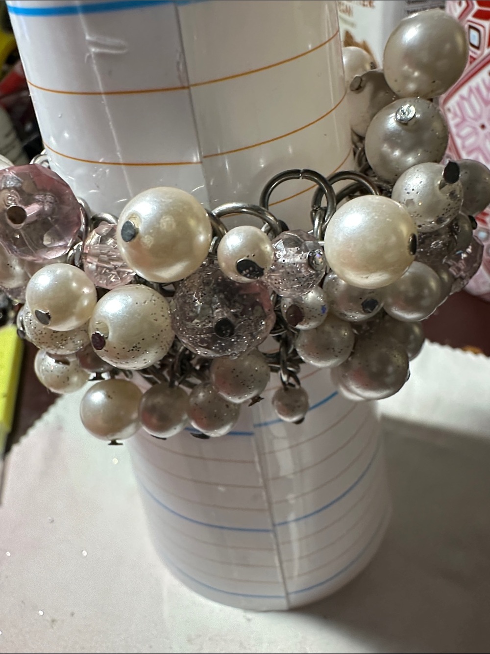 Vintage Cluster Pearl and Crystal Charm Bracelet - White/Silver-wear/tear